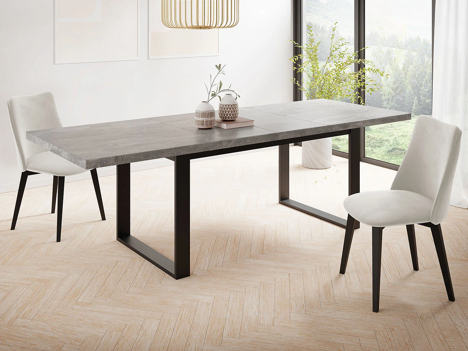 Ausziehbarer Rechteckiger Esstisch im Loft-Stil mit Schwarzen Metallbeinen – Tisch für Wohnzimmer – Ausziehbar von 160 cm auf 240 cm – Made in EU – Grauer Beton