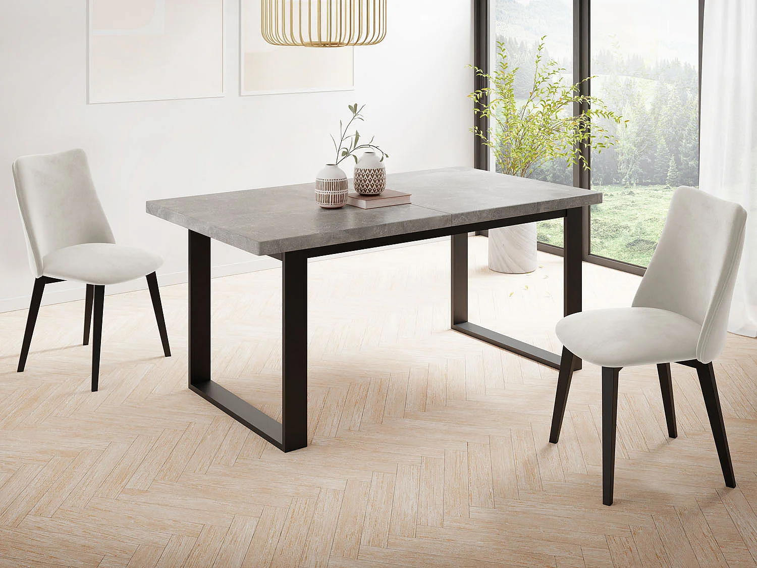Ausziehbarer Rechteckiger Esstisch im Loft-Stil mit Schwarzen Metallbeinen – Tisch für Wohnzimmer – Ausziehbar von 160 cm auf 240 cm – Made in EU – Grauer Beton