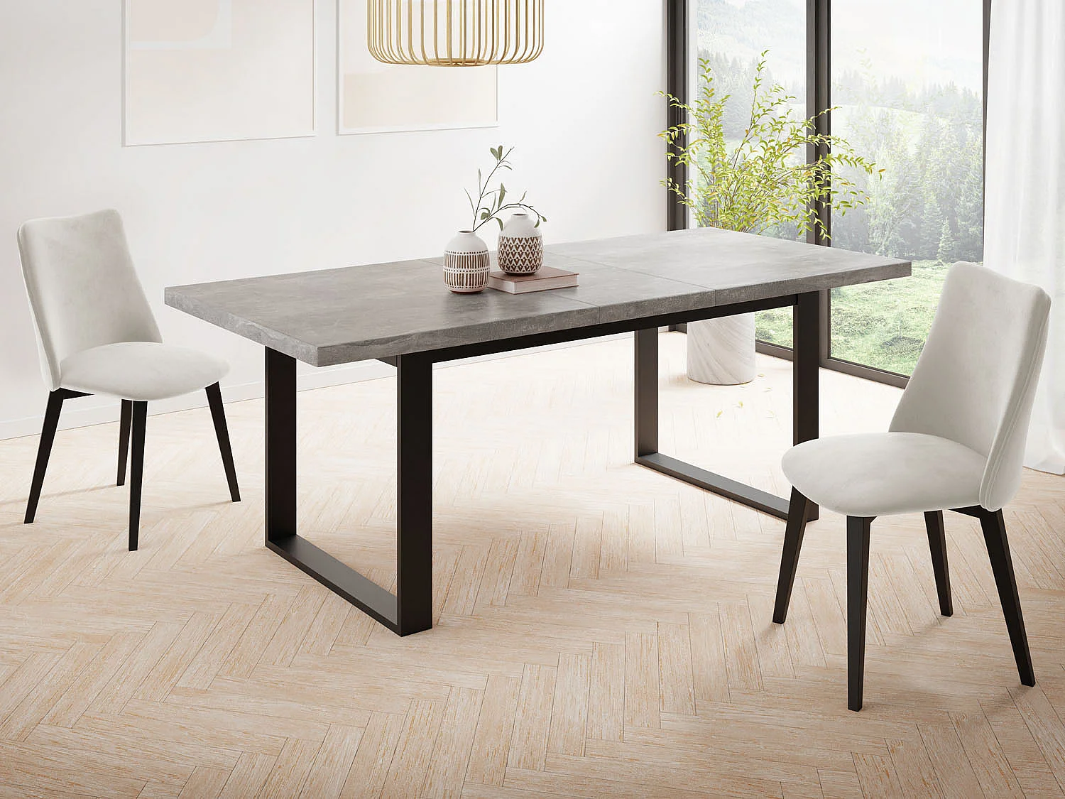 Ausziehbarer Rechteckiger Esstisch im Loft-Stil mit Schwarzen Metallbeinen – Tisch für Wohnzimmer – Ausziehbar von 160 cm auf 240 cm – Made in EU – Grauer Beton