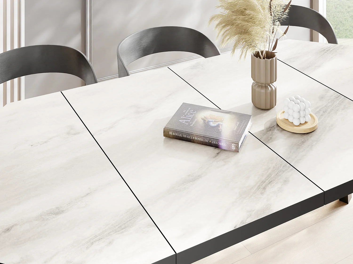 Moderner Runder Ausziehbarer Esstisch Desmond mit Schwarzen Holzbeinen – Erweiterbar bis 200 cm Ideal für 4 bis 8 Personen - Loft-Stil Tisch für Küche - Marmor Weiß