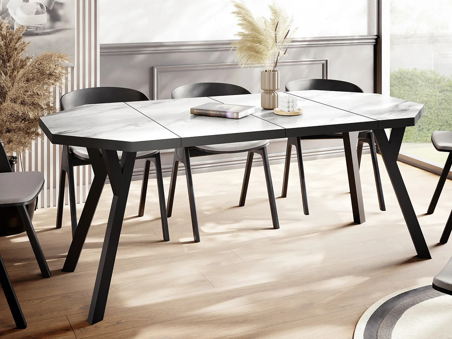 Moderner Runder Ausziehbarer Esstisch Desmond mit Schwarzen Holzbeinen – Erweiterbar bis 200 cm Ideal für 4 bis 8 Personen - Loft-Stil Tisch für Küche - Marmor Weiß