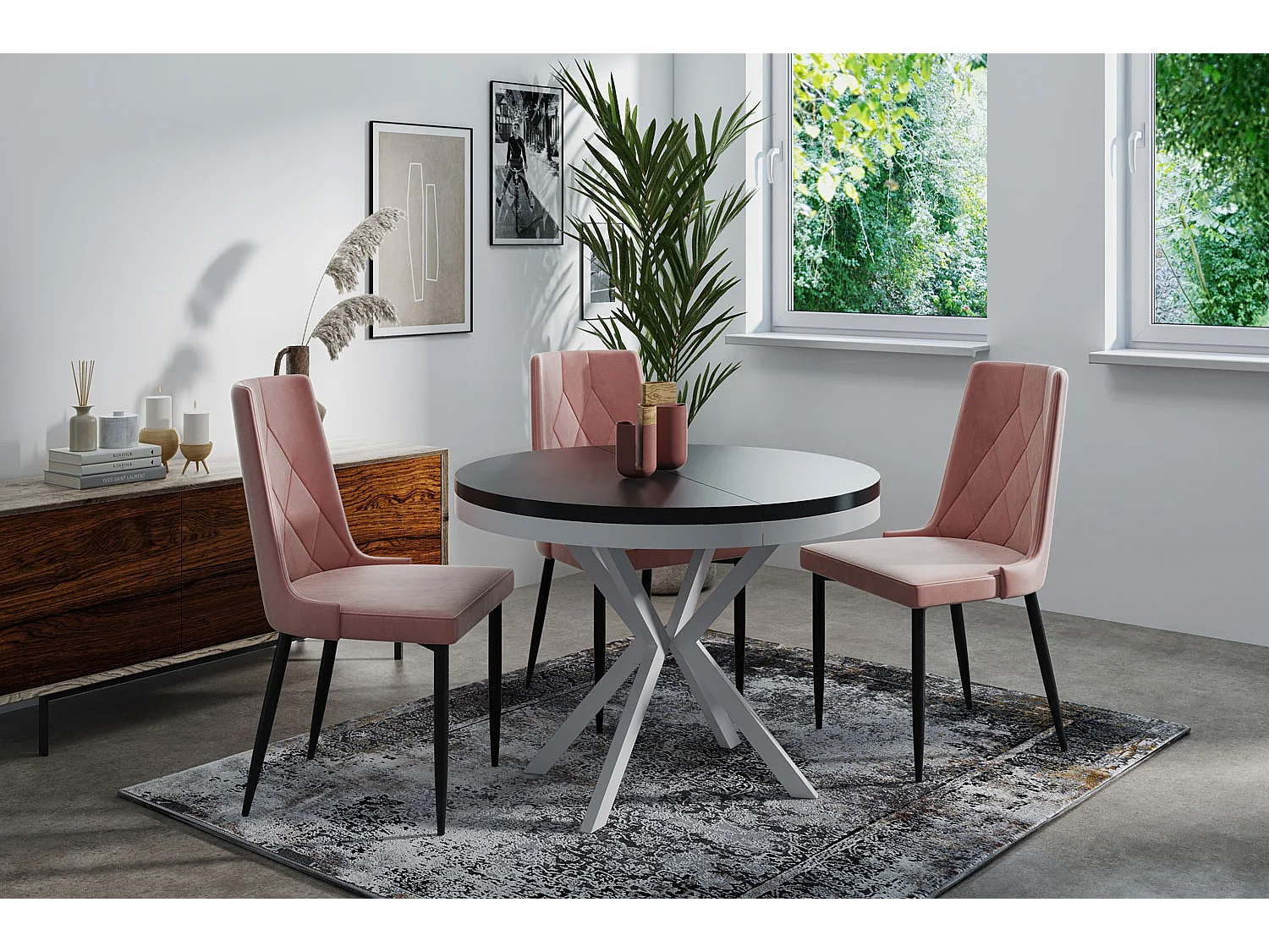 Runder Ausziehbarer Esstisch - Loft Style Tisch mit Weißen Metallbeinen - 100 bis 180 cm - Industrieller Tisch für Wohnzimmer - Kompakt - 100 cm - Schwarz