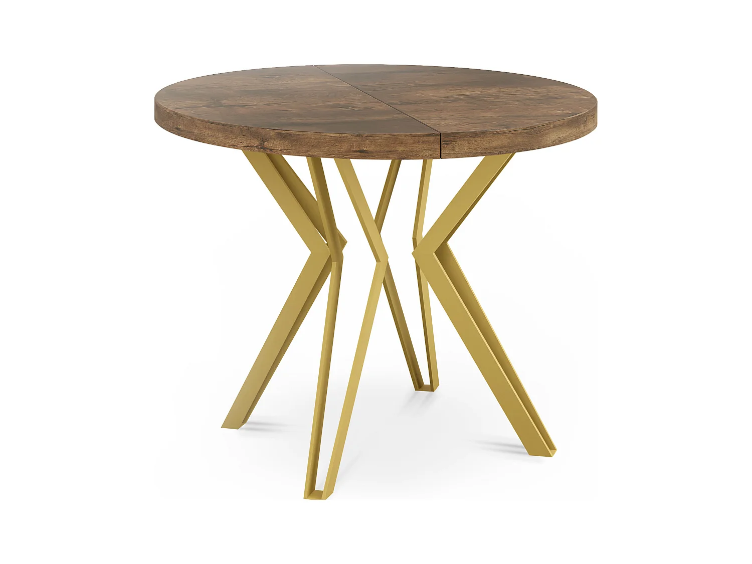 Table Ronde Salle à Manger - 100/176 cm de Diamètre - Table à Rallonges Avec Pieds en Métal Doré - Style Industriel - Compacte - Chêne Lefkas
