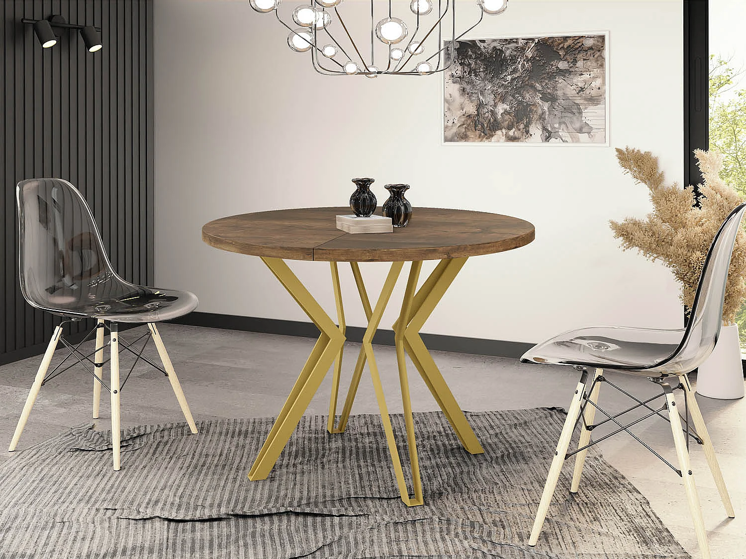 Runder Tisch für das Esszimmer - 100 oder 120 cm Durchmesser - Ausziehbarer Tisch mit Pulverbeschichteten Goldenen Metallbeinen - 100 cm - Lefkas Eiche