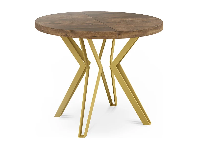 Table Ronde Salle à Manger - 100/176 cm de Diamètre - Table à Rallonges Avec Pieds en Métal Doré - Style Industriel - Compacte - Chêne Lefkas