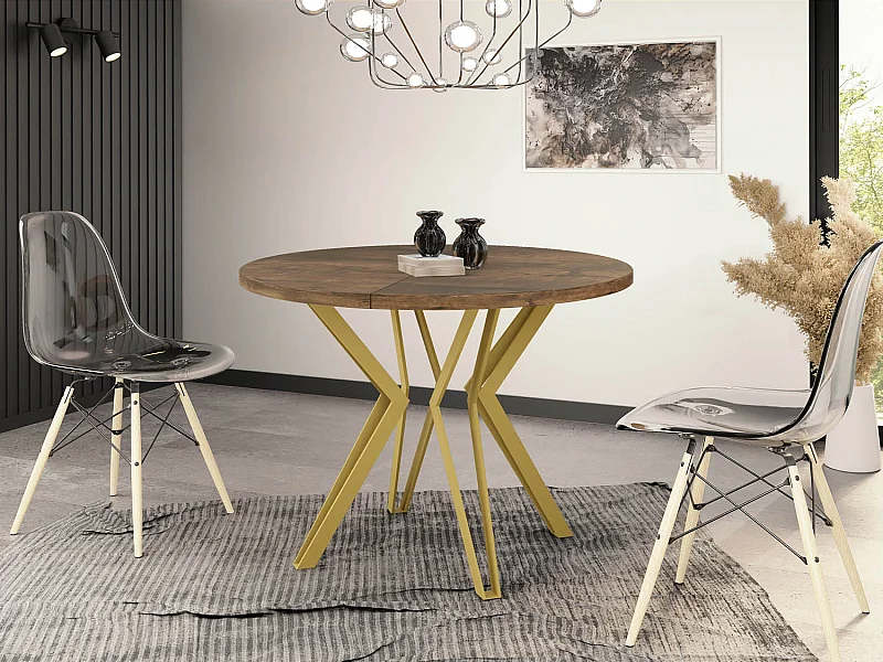 Runder Tisch für das Esszimmer - 100 oder 120 cm Durchmesser - Ausziehbarer Tisch mit Pulverbeschichteten Goldenen Metallbeinen - 100 cm - Lefkas Eiche