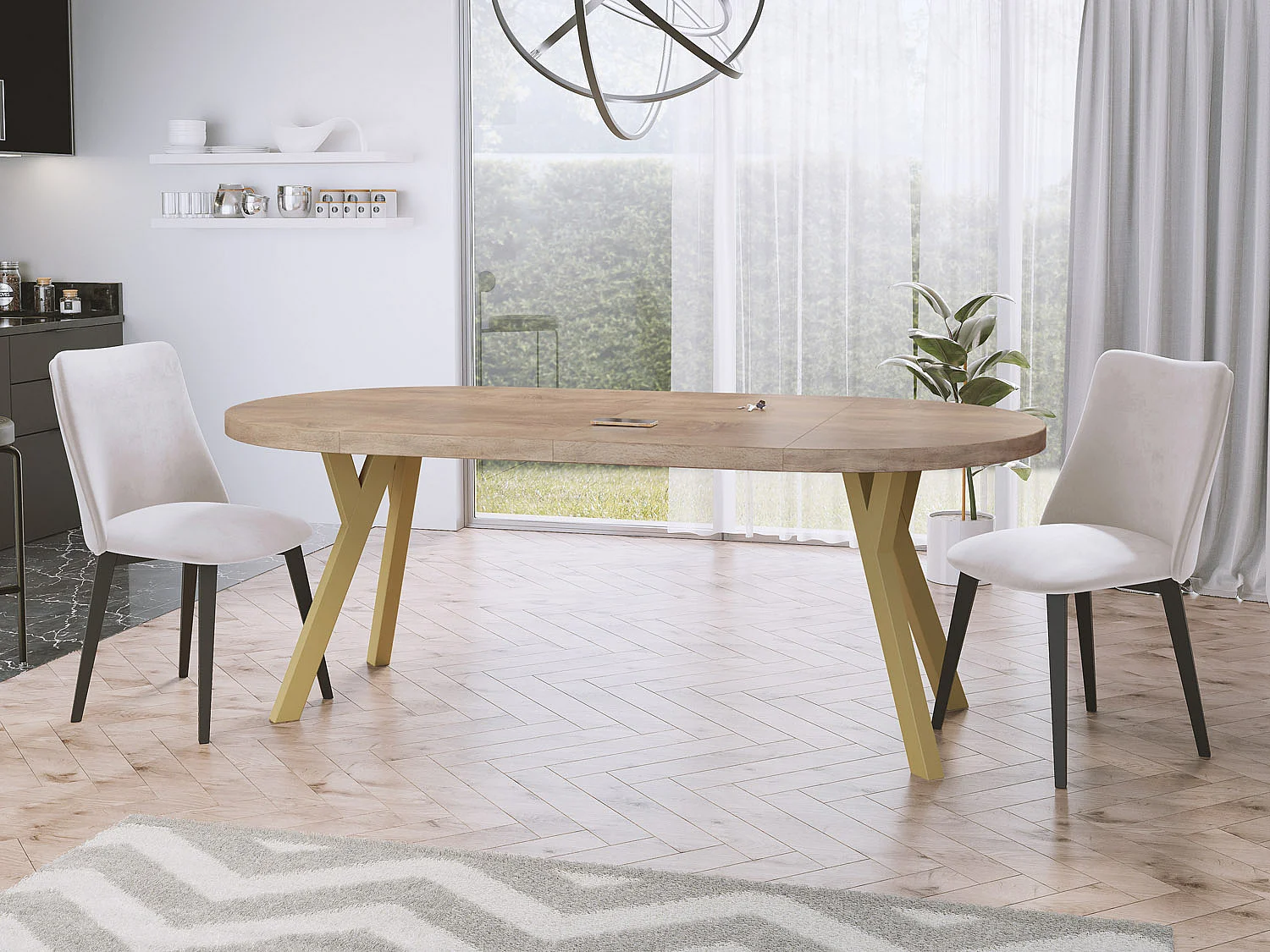 Designer Runder Ausziehbarer Esstisch - Loft-Stil, Platzsparend - Goldene Beine - 100 bis 200 cm - für 6-8 Personen - Hergestellt in EU - Sonoma Eiche - 200 cm