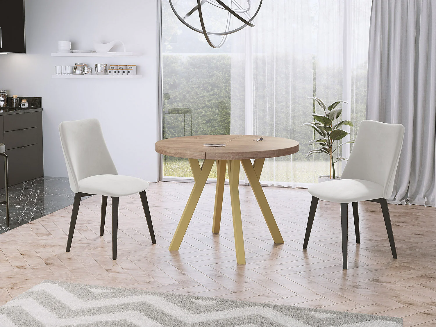 Designer Runder Ausziehbarer Esstisch - Loft-Stil, Platzsparend - Goldene Beine - 100 bis 200 cm - für 6-8 Personen - Hergestellt in EU - Sonoma Eiche - 200 cm