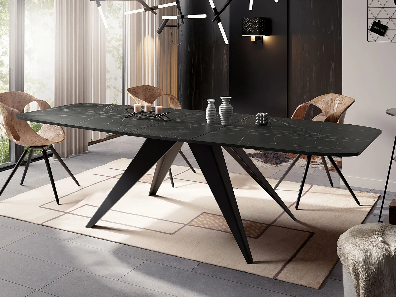 Table à Manger Extensible Style Loft - Table Industrielle avec Pieds Métalliques Noirs - Design Moderne pour Salon - 180 cm extensible à 220 cm - Marbre Noir