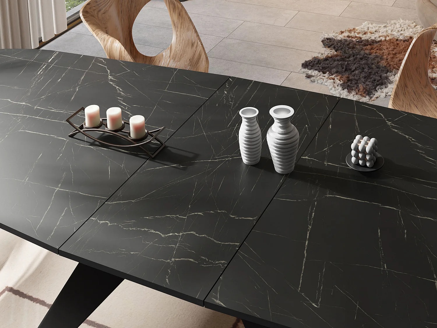 Table à Manger Extensible Style Loft - Table Industrielle avec Pieds Métalliques Noirs - Design Moderne pour Salon - 180 cm extensible à 220 cm - Marbre Noir