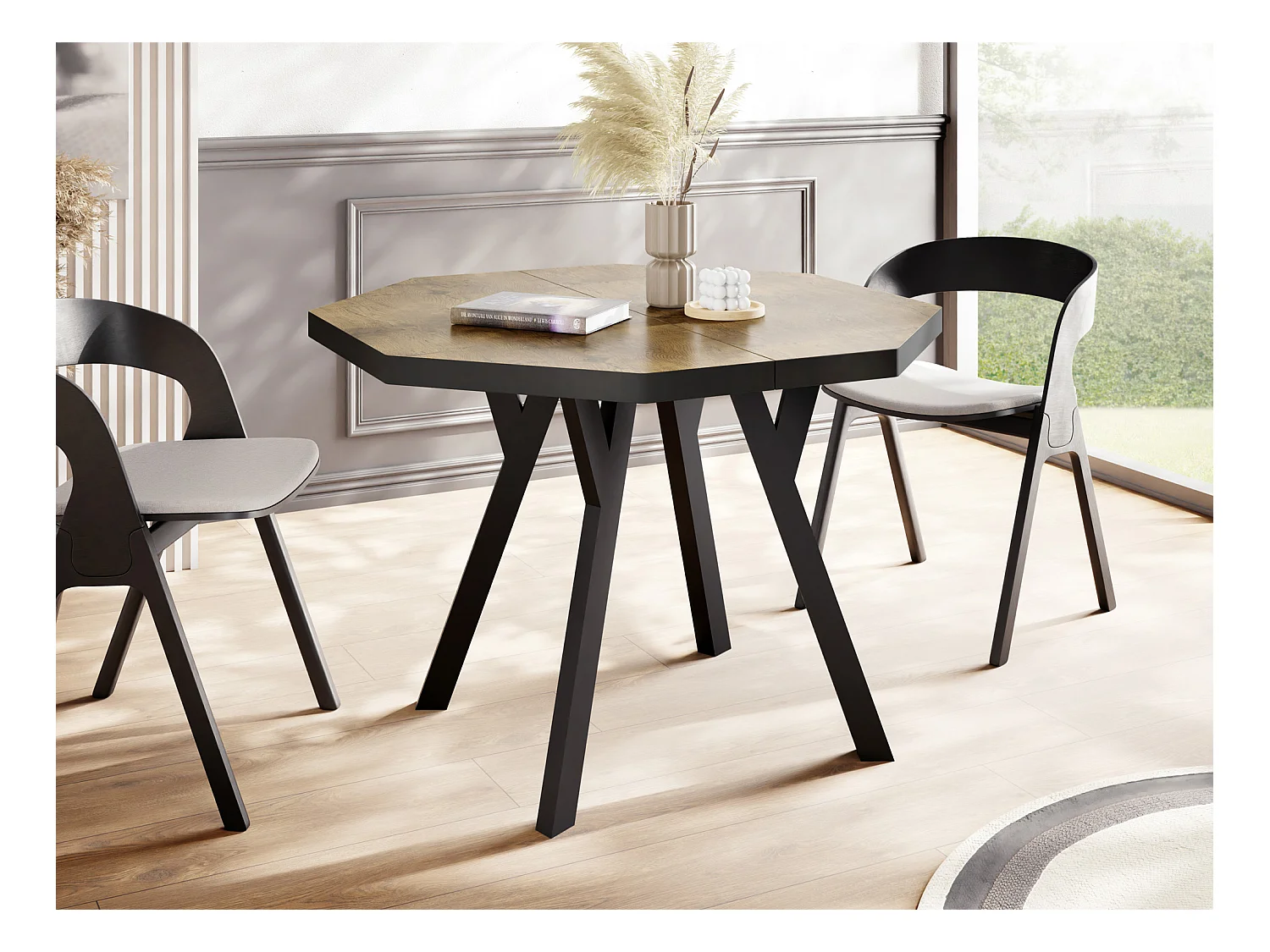 Moderner Runder Ausziehbarer Esstisch Desmond mit Schwarz Holzbeinen – Erweiterbar bis 200 cm, Ideal für 4 bis 8 Personen Loft-Stil Tisch für Küche - Lancelot Eiche