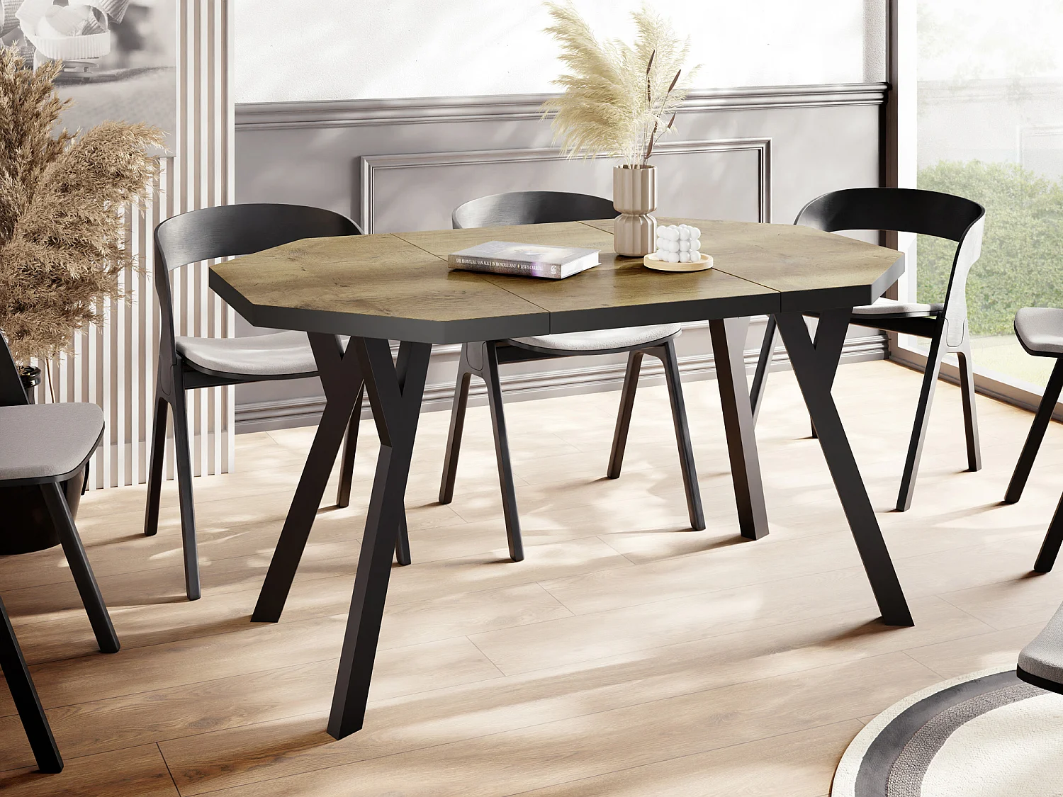 Moderner Runder Ausziehbarer Esstisch Desmond mit Schwarz Holzbeinen – Erweiterbar bis 200 cm, Ideal für 4 bis 8 Personen Loft-Stil Tisch für Küche - Lancelot Eiche