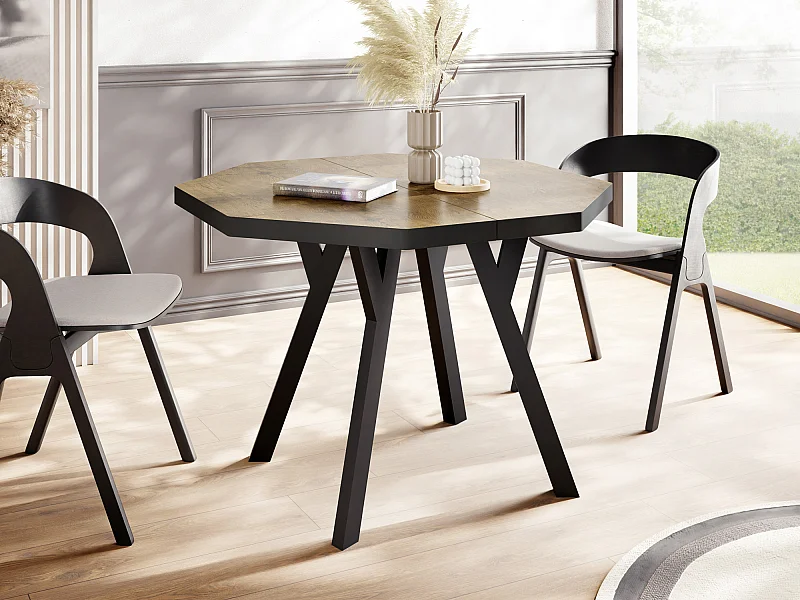 Moderner Runder Ausziehbarer Esstisch Desmond mit Schwarz Holzbeinen – Erweiterbar bis 200 cm, Ideal für 4 bis 8 Personen Loft-Stil Tisch für Küche - Lancelot Eiche