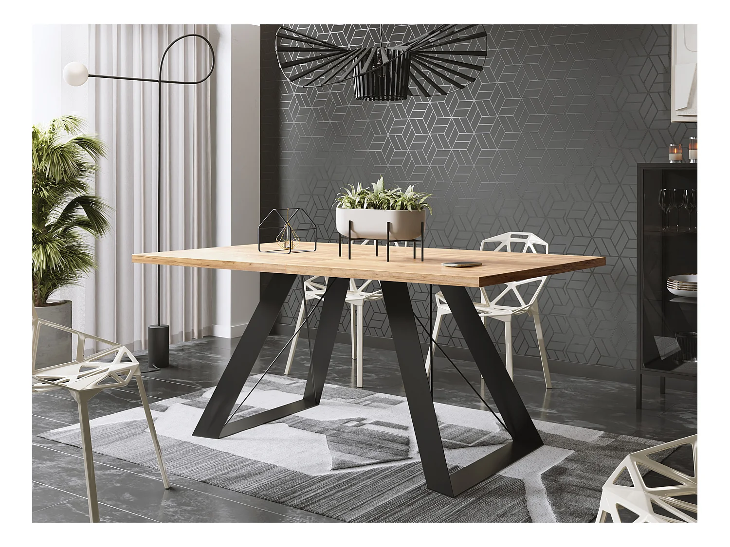 Esstisch Colter Schwarz im Modern Still, Rechteckig Tisch - Ausziehbar von 160 cm bis 260 cm, Pulverbeschichtete Weiße Metallbeine - 160 x 80 cm - Craft Eiche