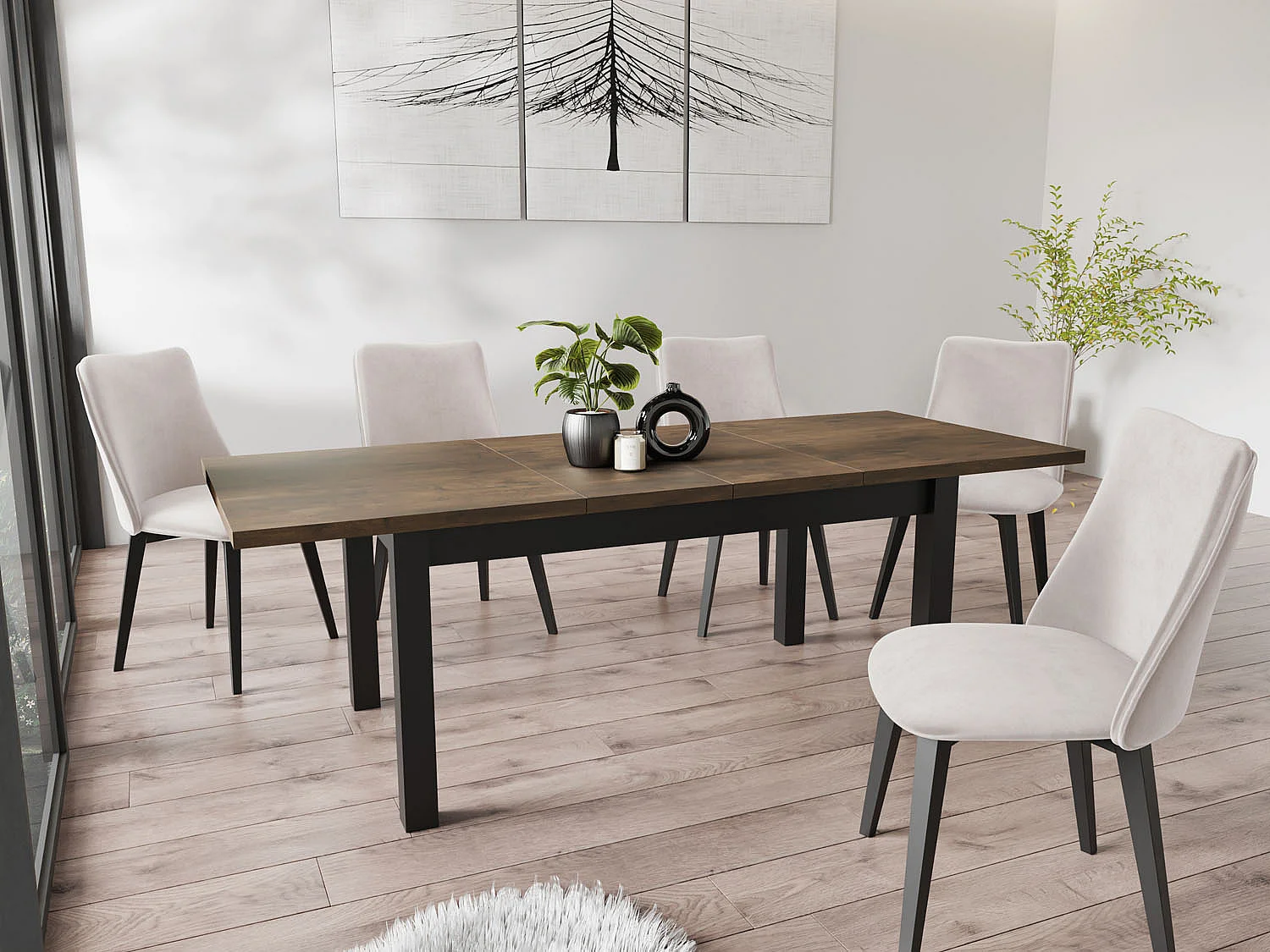 Moderner Rechteckiger Ausziehbarer Esstisch - Platzsparend - Schwarze Holzbeine - 160 bis 240 cm - Hergestellt in EU - 160 x 90 cm - Lefkas Eiche