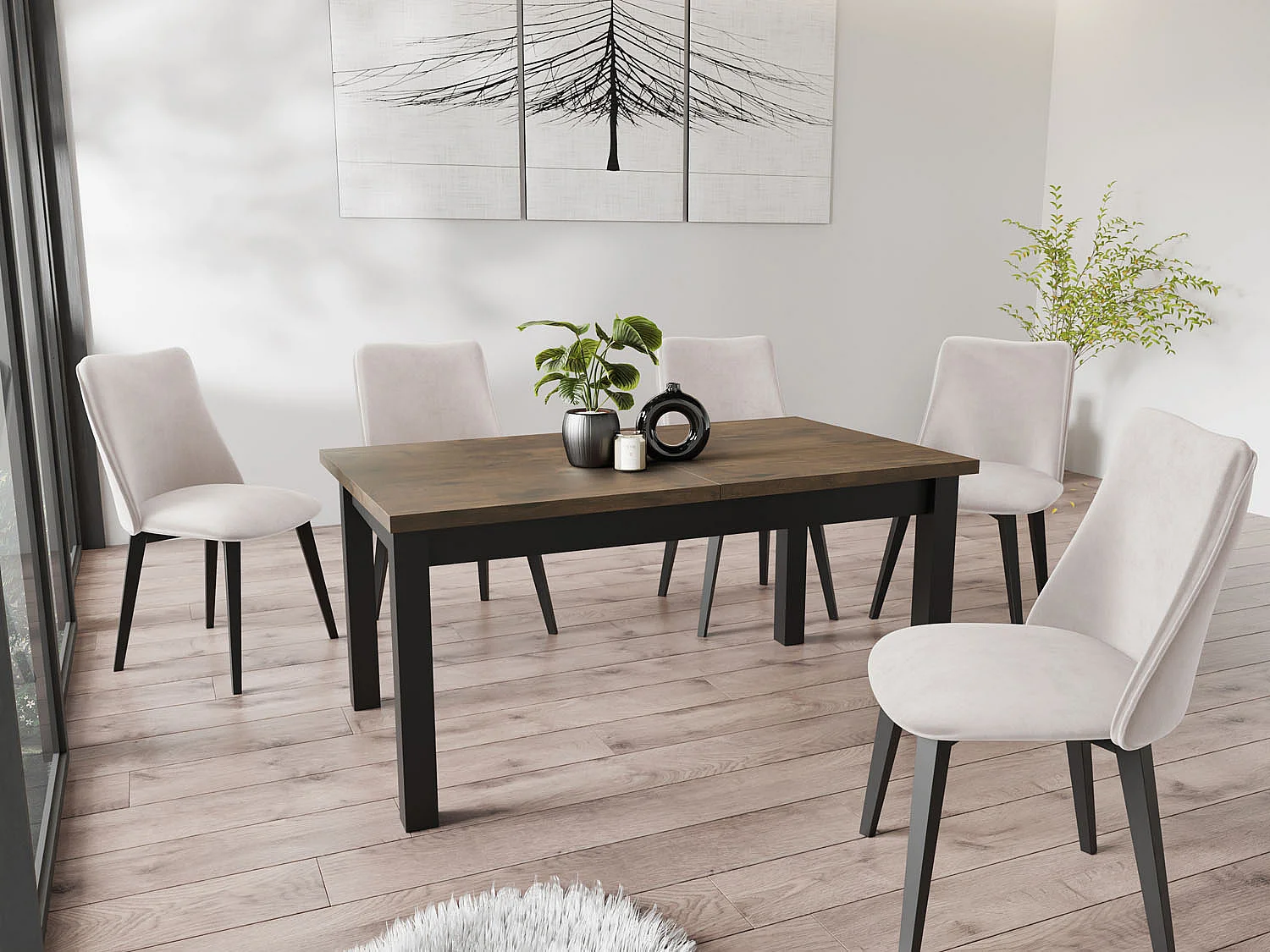 Moderner Rechteckiger Ausziehbarer Esstisch - Platzsparend - Schwarze Holzbeine - 160 bis 240 cm - Hergestellt in EU - 160 x 90 cm - Lefkas Eiche