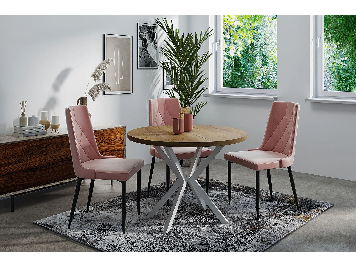 Runder Ausziehbarer Esstisch für 6-10 Personen - Loft Style Tisch mit Weiß Metallbeinen - 90 bis 120 cm - Industrieller Tisch für Wohnzimmer - Lefkas Eiche - 100 cm