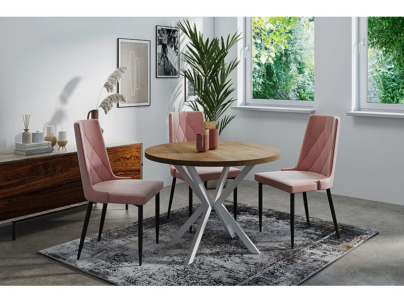 Runder Ausziehbarer Esstisch für 6-10 Personen - Loft Style Tisch mit Weiß Metallbeinen - 90 bis 120 cm - Industrieller Tisch für Wohnzimmer - Lefkas Eiche - 100 cm