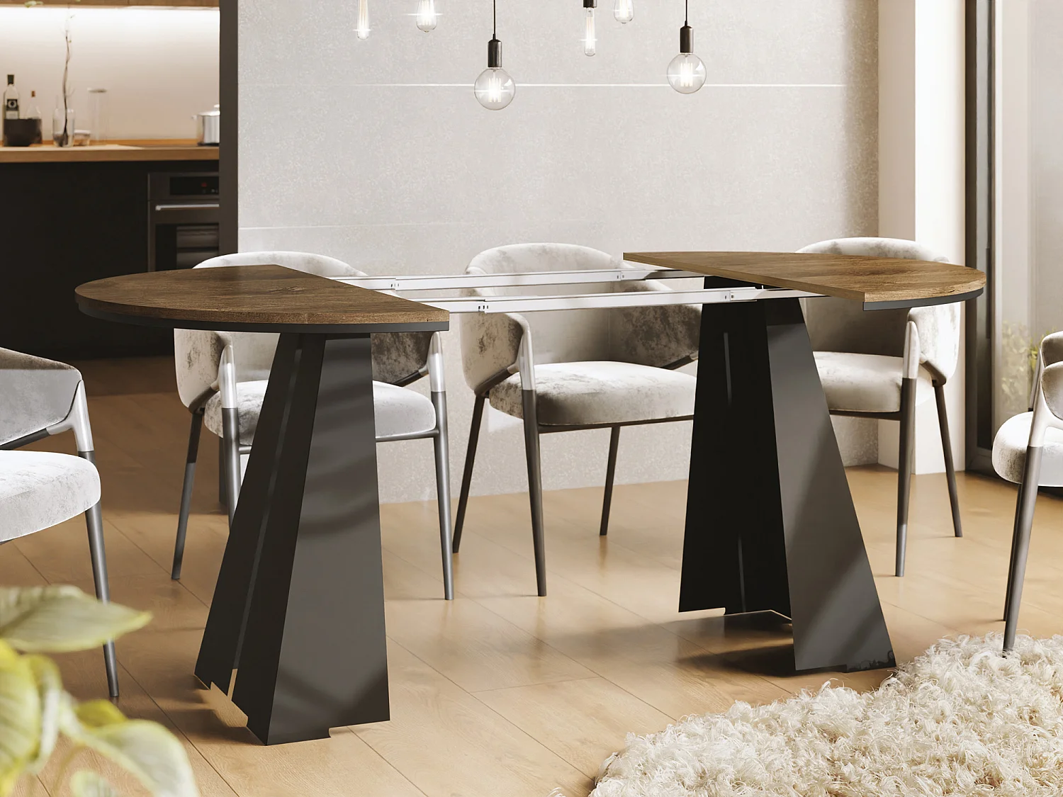 Runder Ausziehbarer Esstisch mit Schwarzem Metallgestell - Moderner Industrieller Tisch für Esszimmer oder Küche - 120 cm bis 200 cm - Made in EU - Lefkas Eiche