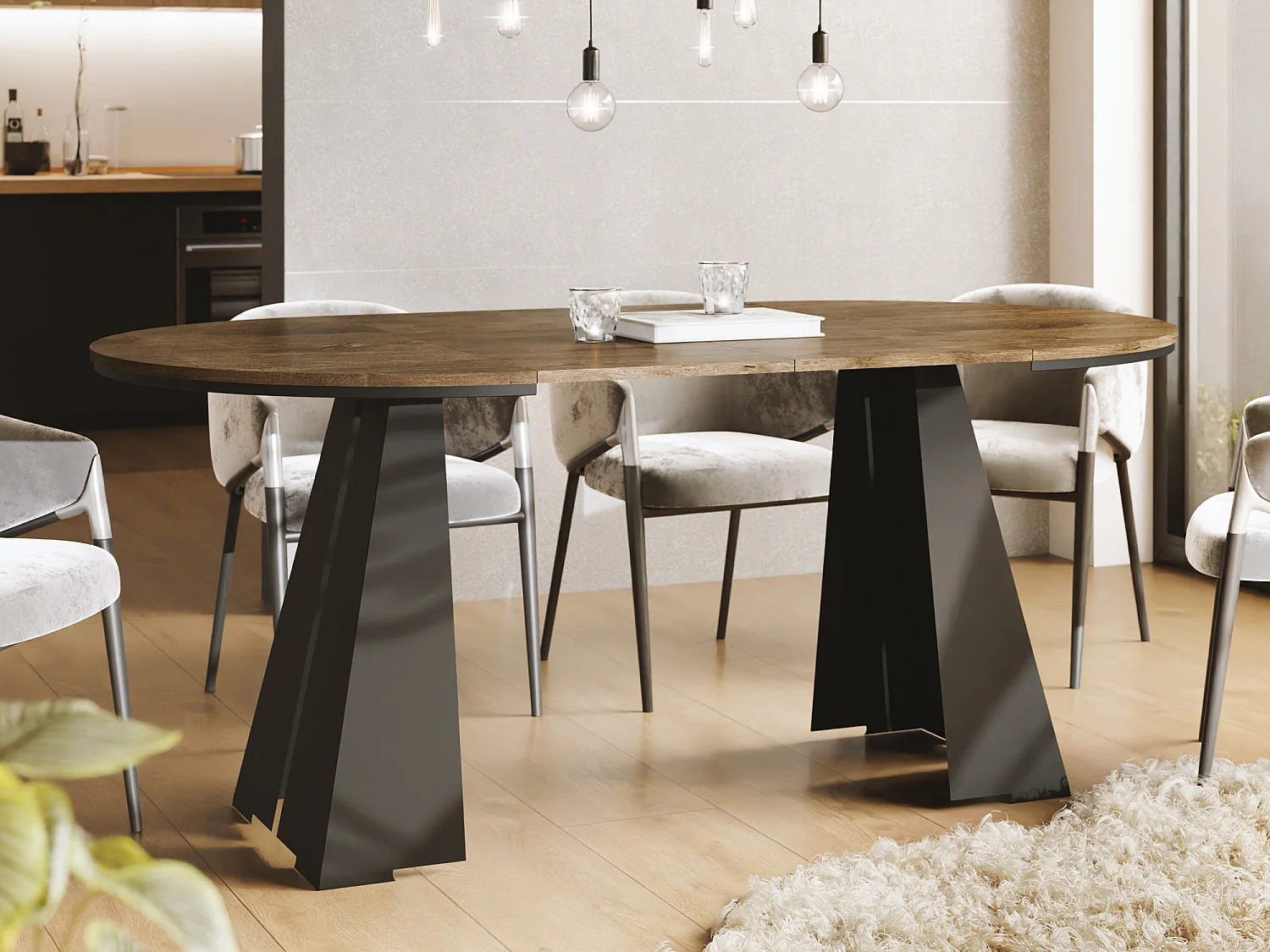 Runder Ausziehbarer Esstisch mit Schwarzem Metallgestell - Moderner Industrieller Tisch für Esszimmer oder Küche - 120 cm bis 200 cm - Made in EU - Lefkas Eiche