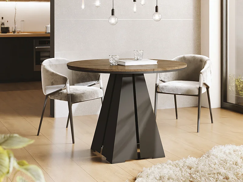 Table à Manger Ronde Extensible avec Piètement Métallique Noir - Table Industrielle Moderne pour Salle à Manger - 100 cm à 180 cm - Fabriqué en UE - Chêne Lefkas