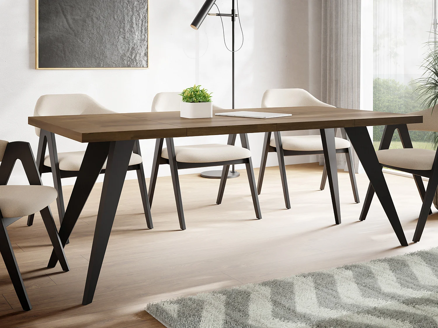 Quadratischer Ausziehbarer Esstisch Quadro 100-150 cm - Industrial Esszimmertisch mit Schwarzen Holzbeinen für 4-6 Personen - Loft-Stil Küchentisch - Lefkas Eiche