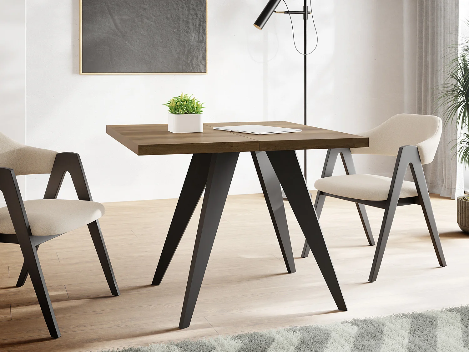 Quadratischer Ausziehbarer Esstisch Quadro 100-150 cm - Industrial Esszimmertisch mit Schwarzen Holzbeinen für 4-6 Personen - Loft-Stil Küchentisch - Lefkas Eiche
