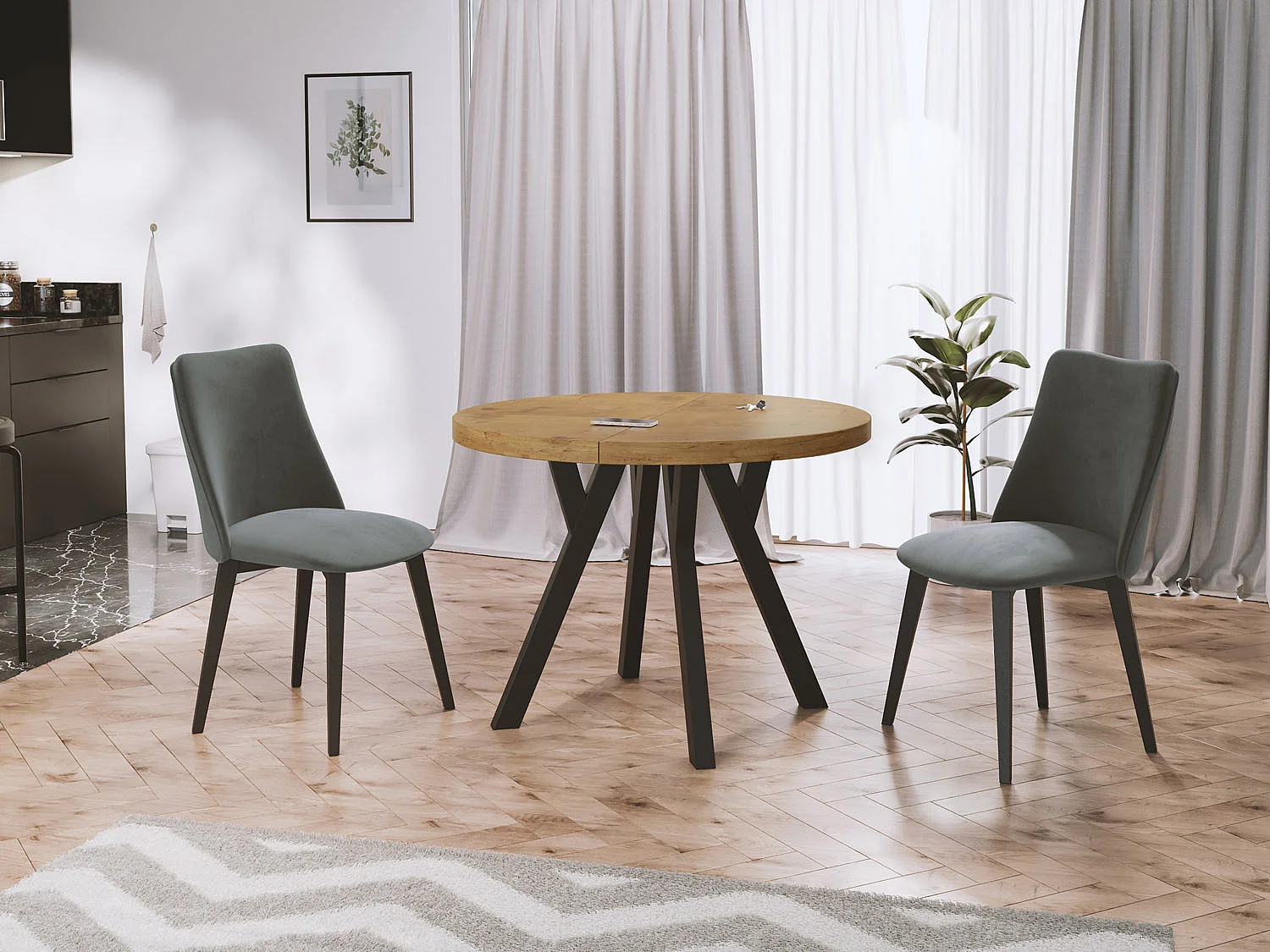 Designer Runder Ausziehbarer Esstisch - Loft-Stil, Platzsparend - Schwarze Beine - 100 bis 150cm - für 5-8 Personen - Hergestellt in EU - Lancelot Eiche - 150 cm