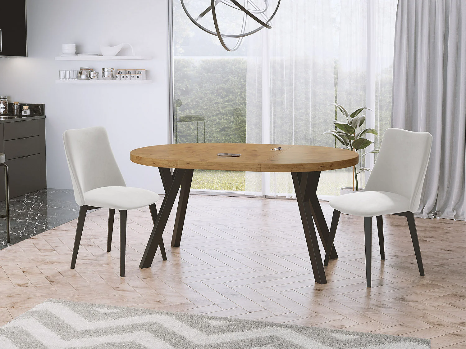 Designer Runder Ausziehbarer Esstisch - Loft-Stil, Platzsparend - Schwarze Beine - 100 bis 150cm - für 5-8 Personen - Hergestellt in EU - Lancelot Eiche - 150 cm