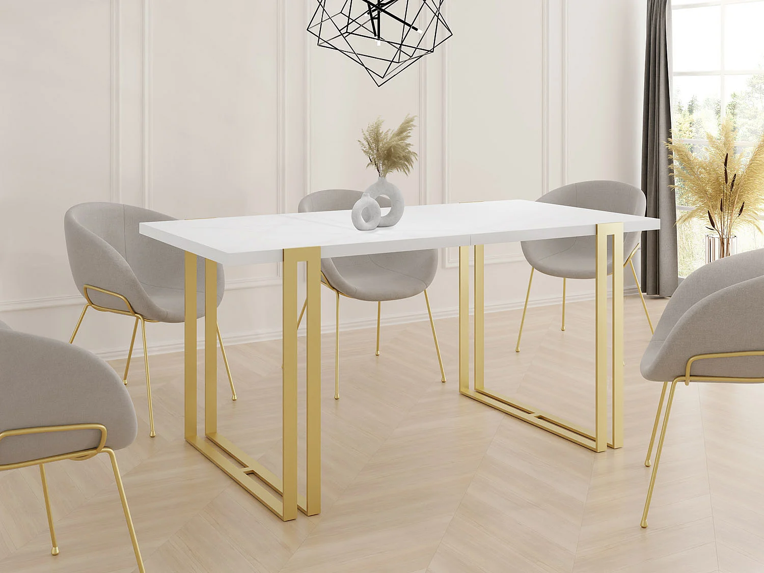 Ausziehbarer Esstisch - Großer Tisch im Loft-Stil mit Golden Metallbeinen 120 bis 220 cm - Industrietisch für das Wohnzimmer - Weiß - 120 x 80 cm