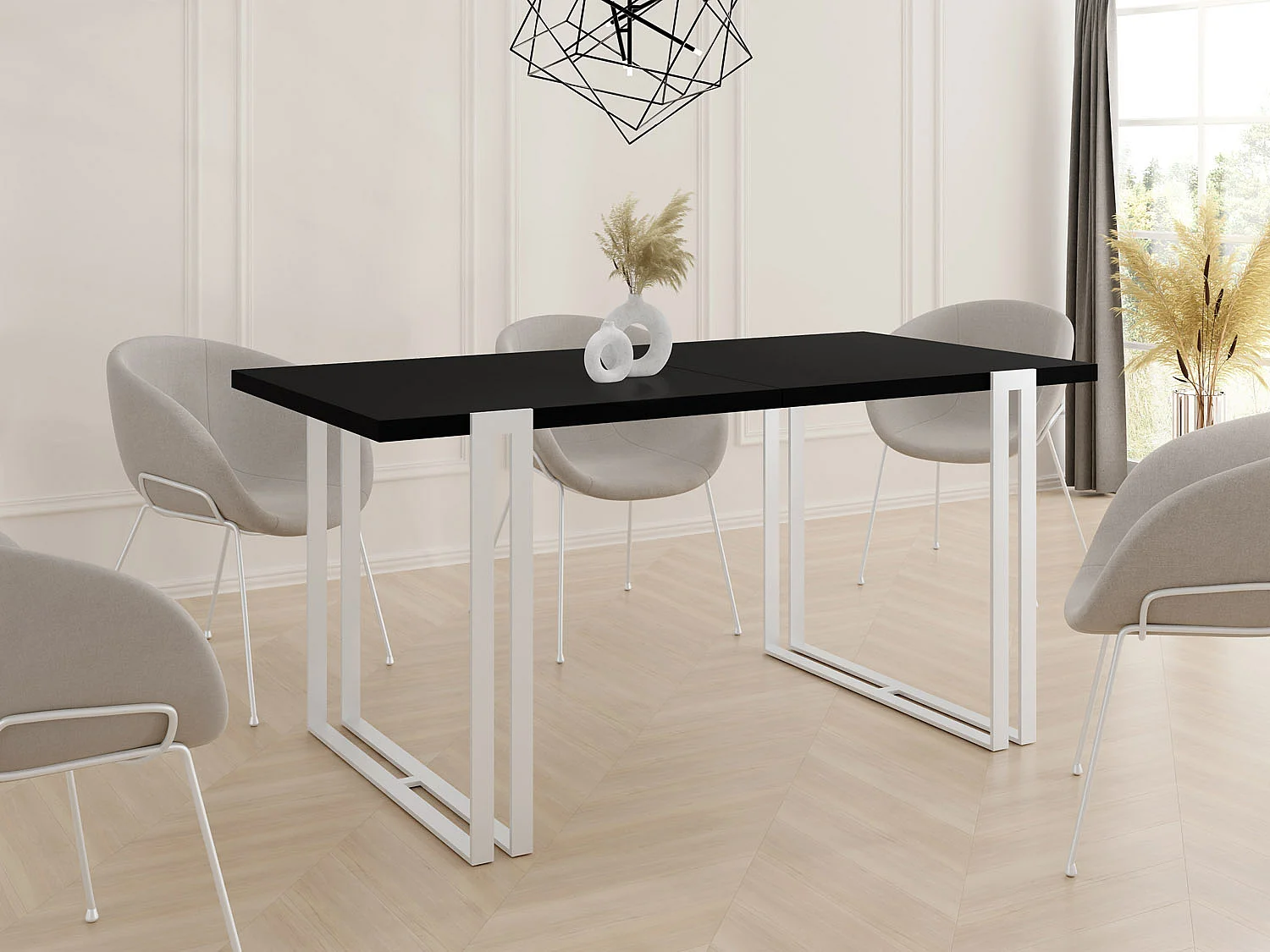 Ausziehbarer Esstisch - Großer Tisch im Loft-Stil mit Weiße Metallbeinen 120 bis 220 cm - Industrietisch für das Wohnzimmer - Schwarz - 120 x 80 cm