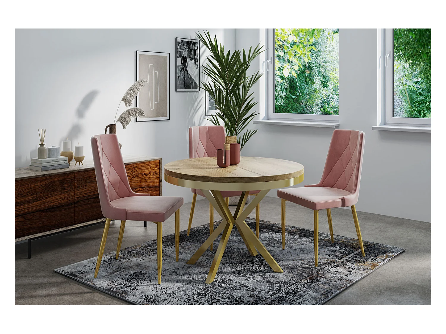 Table à Manger Extensible Ronde - Table Style Loft avec Doré Pieds en Métal - 100 à 180 cm - Table Ronde Style Industriel Pour le Salon - 100 cm - Chêne Craft
