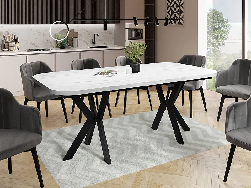 Ausziehbarer Esstisch im Modern-Stil - Rechteckiger Tisch mit Schwarzen Metallbeinen - Industrietisch mit Abgerundeten Ecken - 200 x 100 cm - Marmor Weiß