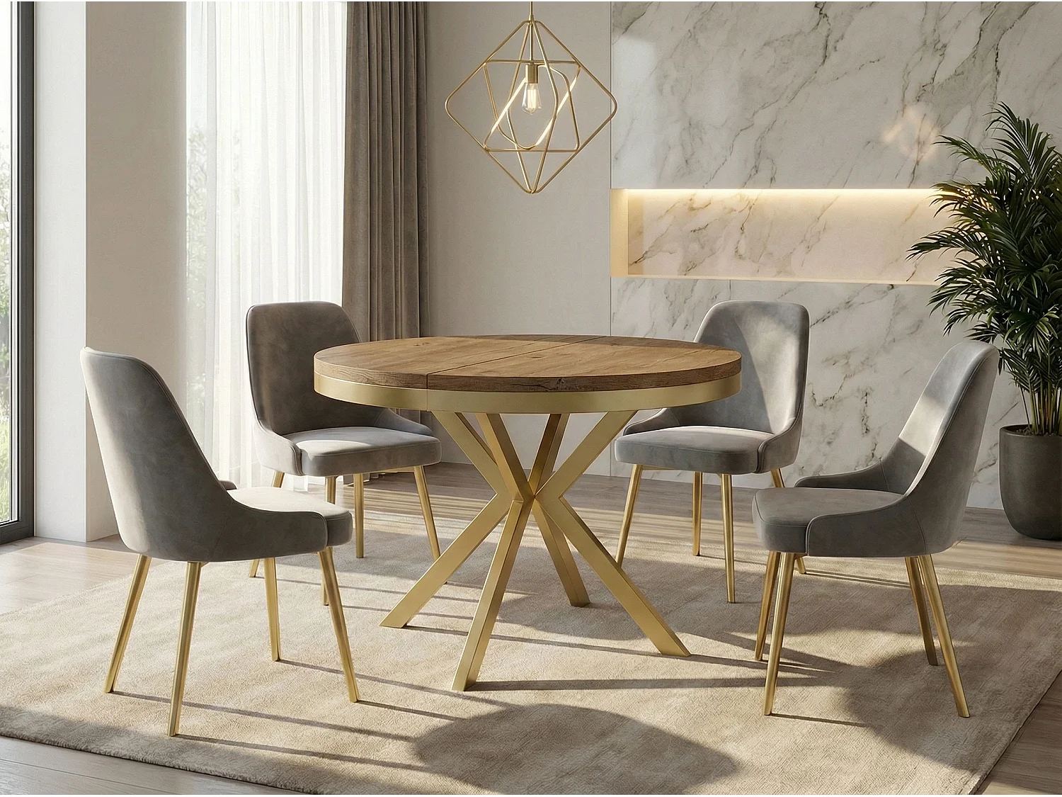 Runder Ausziehbarer Esstisch - Loft Style Tisch mit Goldenen Metallbeinen - 120 bis 200 cm - Industrieller Tisch für Wohnzimmer - Kompakt - 120 cm - Lefkas Eiche