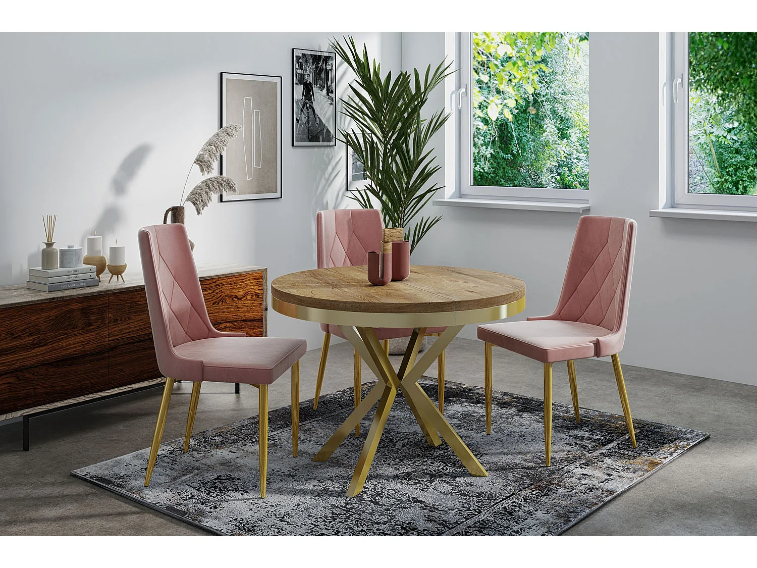 Runder Ausziehbarer Esstisch - Loft Style Tisch mit Goldenen Metallbeinen - 120 bis 200 cm - Industrieller Tisch für Wohnzimmer - Kompakt - 120 cm - Lefkas Eiche