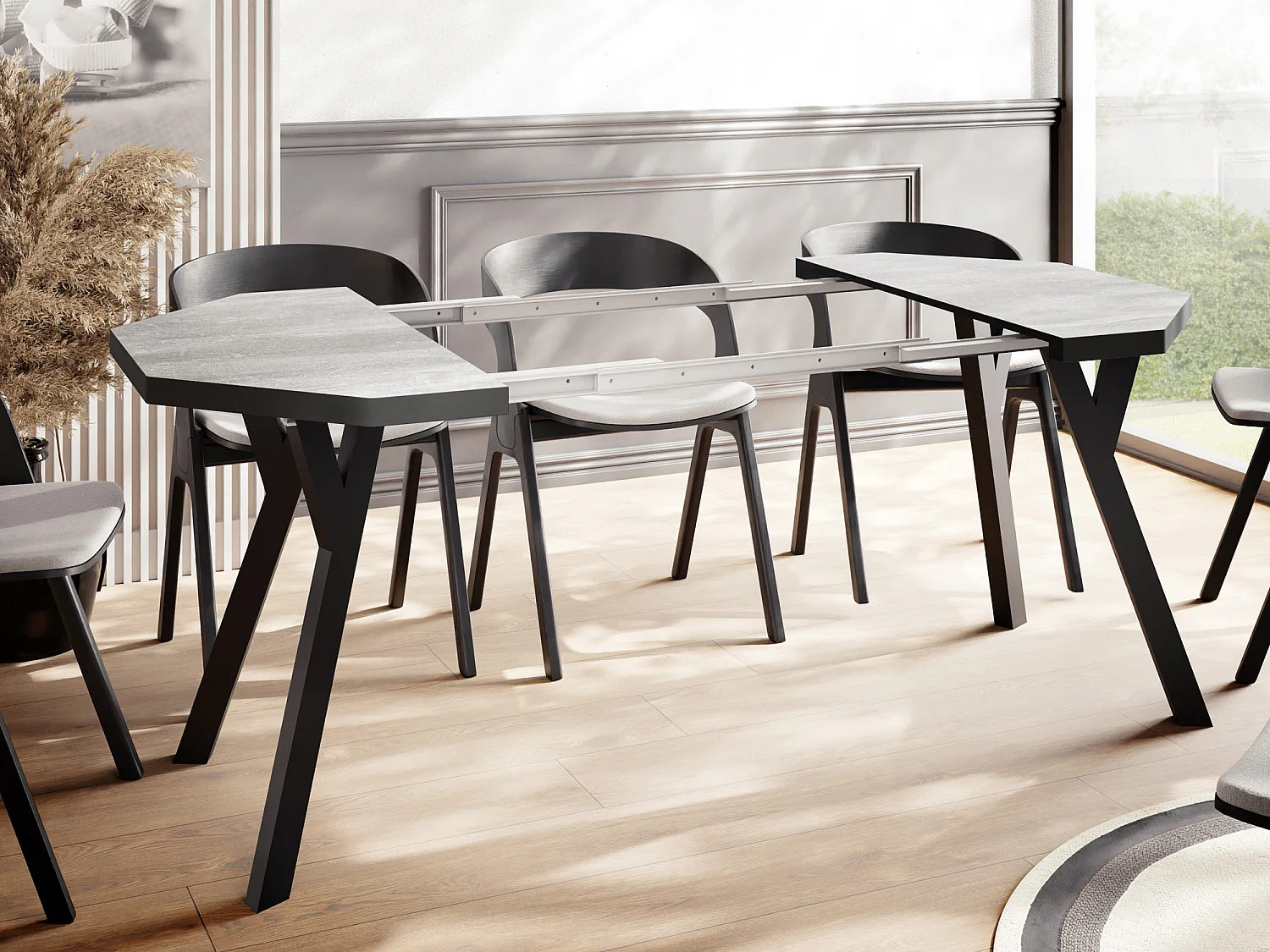 Moderner Runder Ausziehbarer Esstisch Desmond mit Schwarz Holzbeinen – Erweiterbar bis 200 cm, Ideal für 4 bis 8 Personen - Loft-Stil Tisch für Küche - Beton Grau