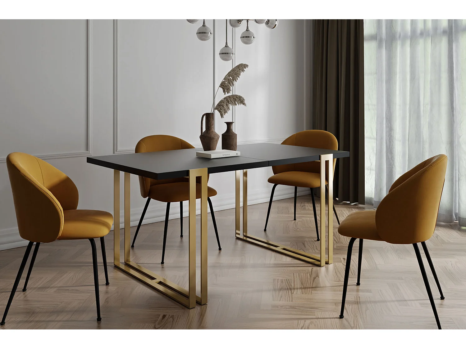 Table à Manger Extensible Rectangulaire Style Loft - Grande Table Industrielle Avec Pieds Métalliques Dorés, 120 à 220 cm - Table de Conférence - Noir