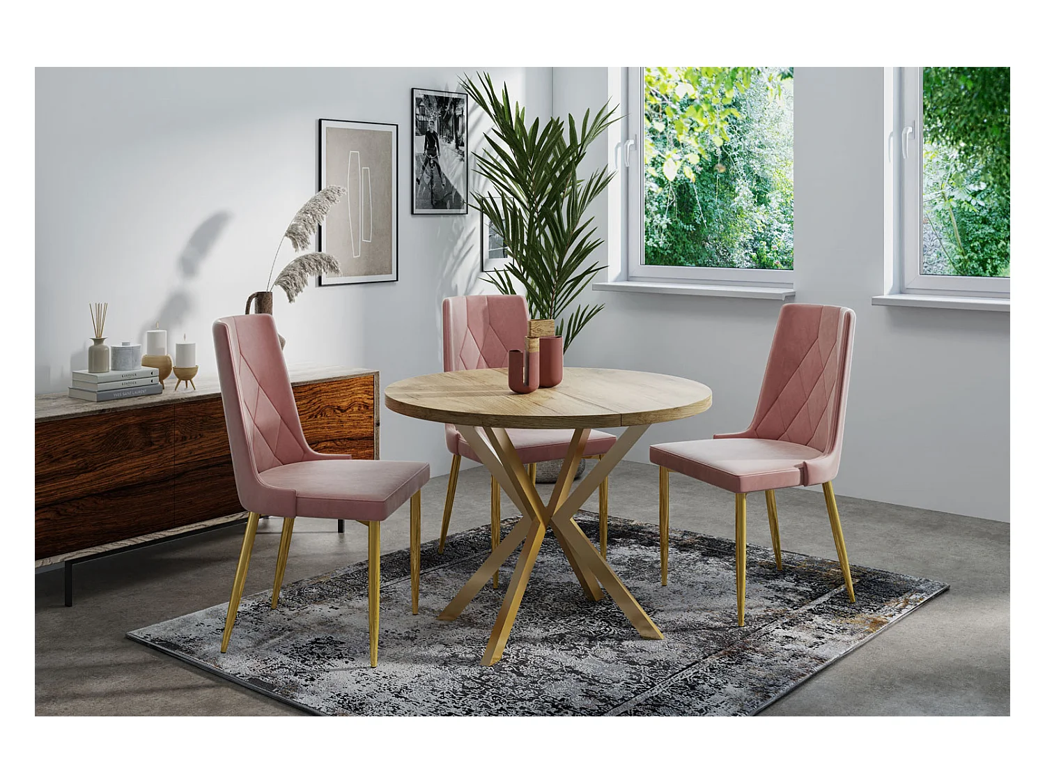 Runder Esstisch Ausziehbar ⌀ 120 cm - Goldene X-Beine - Braun - EU Herstellung
