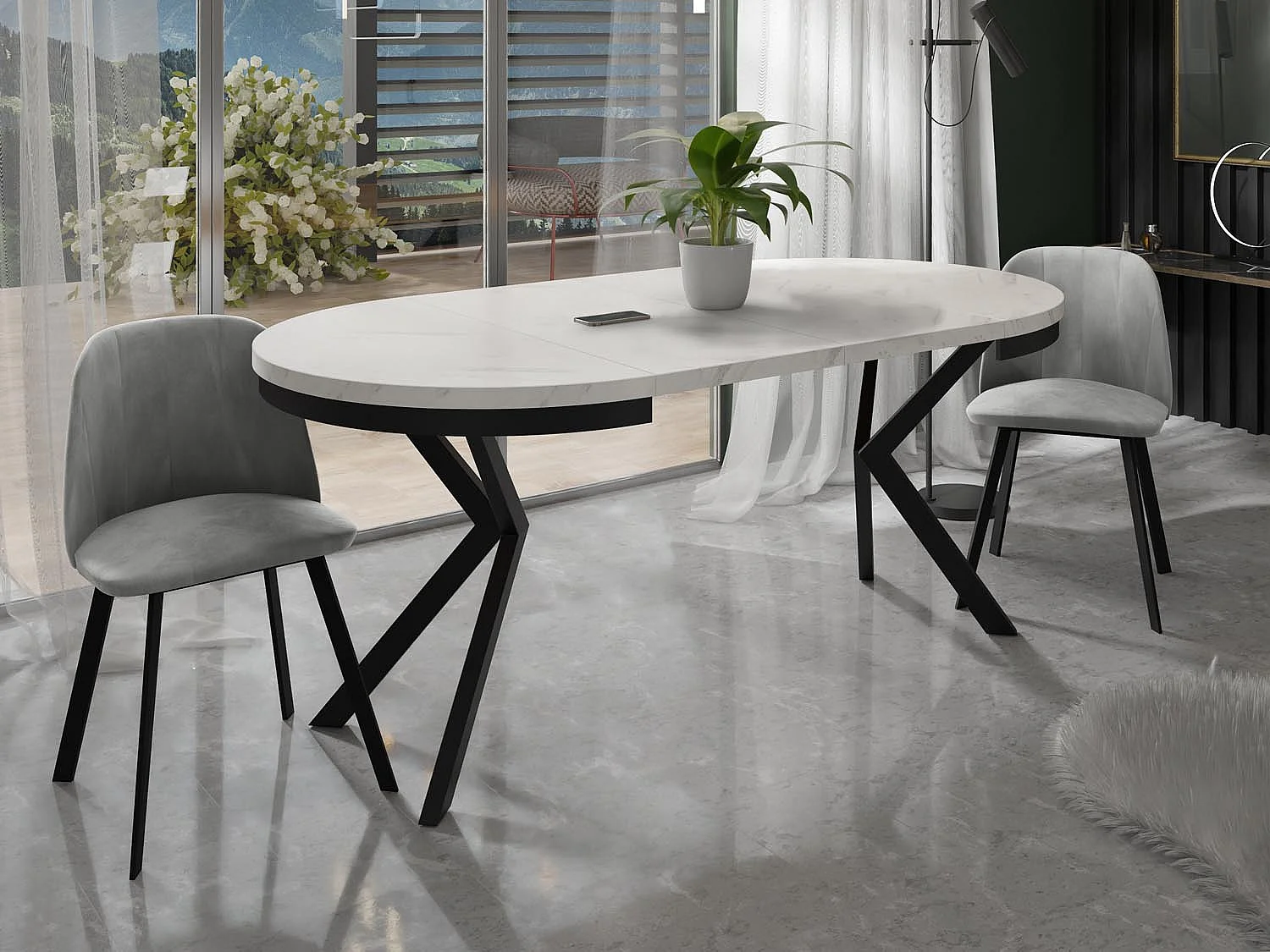 Table à Manger Extensible Ronde - Table Style Loft Avec Pieds en Métal - 100 à 180 cm - Table Ronde Style Industriel Pour le Salon - Marbre Blanc - 100 cm