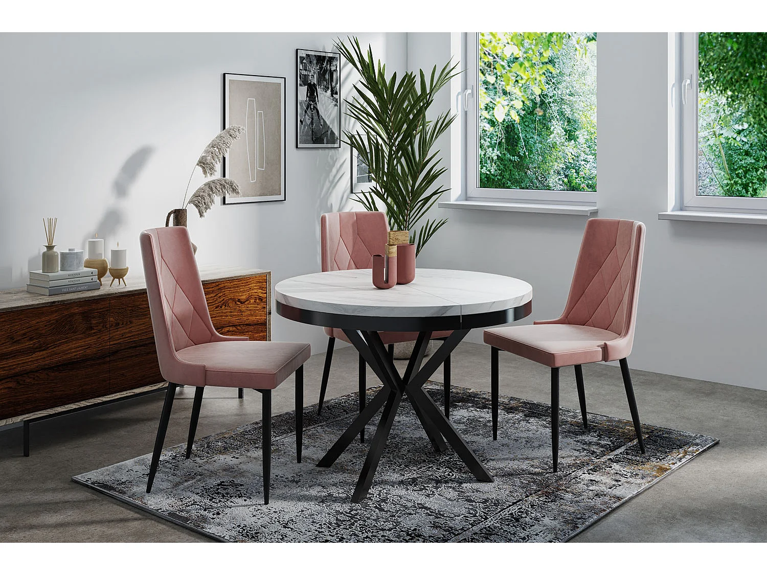 Runder Ausziehbarer Esstisch - Loft Style Tisch mit Metallbeinen - 100 bis 180 cm - Industrieller Tisch für Wohnzimmer - Kompakt - 100 cm - Marmor Weiß