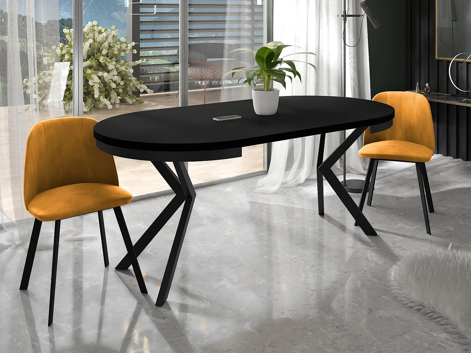 Runder Ausziehbarer Esstisch - Loft Style Tisch mit Metallbeinen - 120 bis 200 cm - Industrieller Tisch für Wohnzimmer - Kompakt - 120 cm - Schwarz