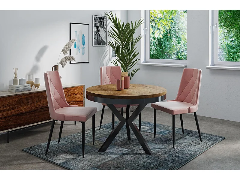 Table à manger ronde extensible style Loft - Grande table industrielle avec pieds en métal - Gain de place pour salon et séjour - Chêne Lefkas - 100 à 140 cm