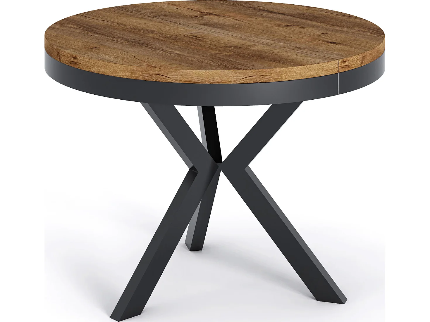 Runder Ausziehbarer Esstisch im Loft-Stil - Industrieller Tisch mit Schwarzen Metallbeinen - Platzsparender Tisch für Wohnzimmer - Lefkas Eiche - 100 bis 140 cm