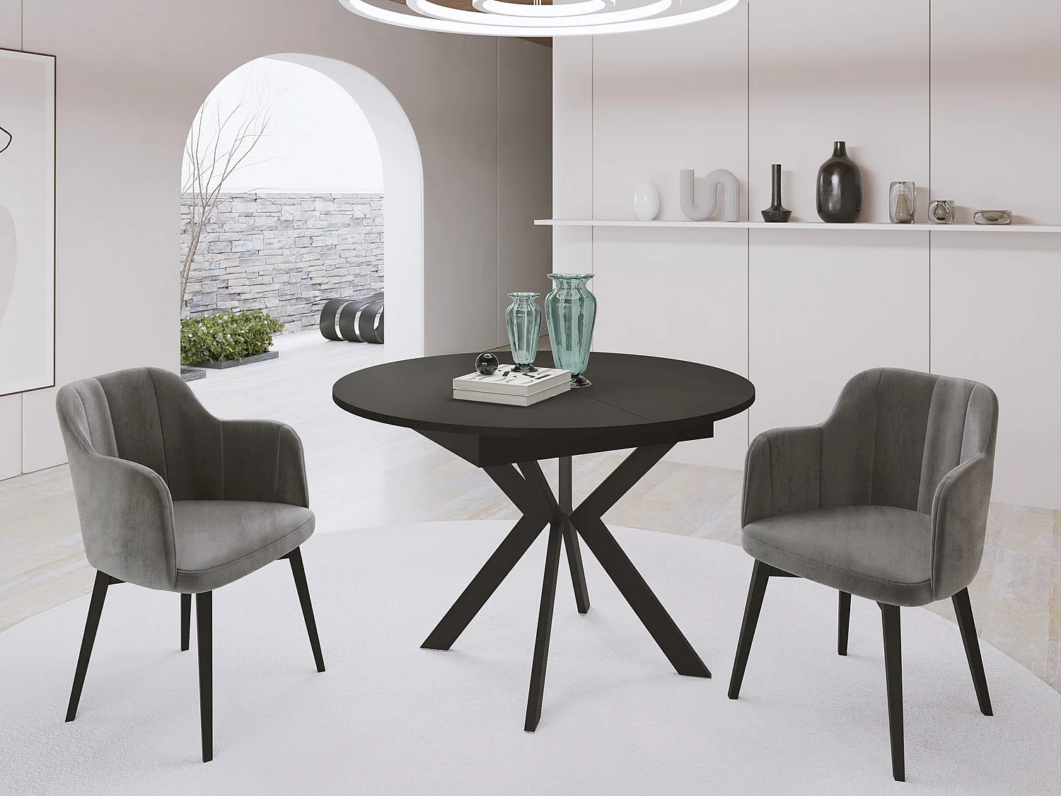 Runder Ausziehbarer Esstisch mit Schwarzen Metallbeinen - Aufbewahrung der Erweiterungsplatte im Inneren - Industrieller Tisch für Wohnzimmer - 100 cm - Schwarz