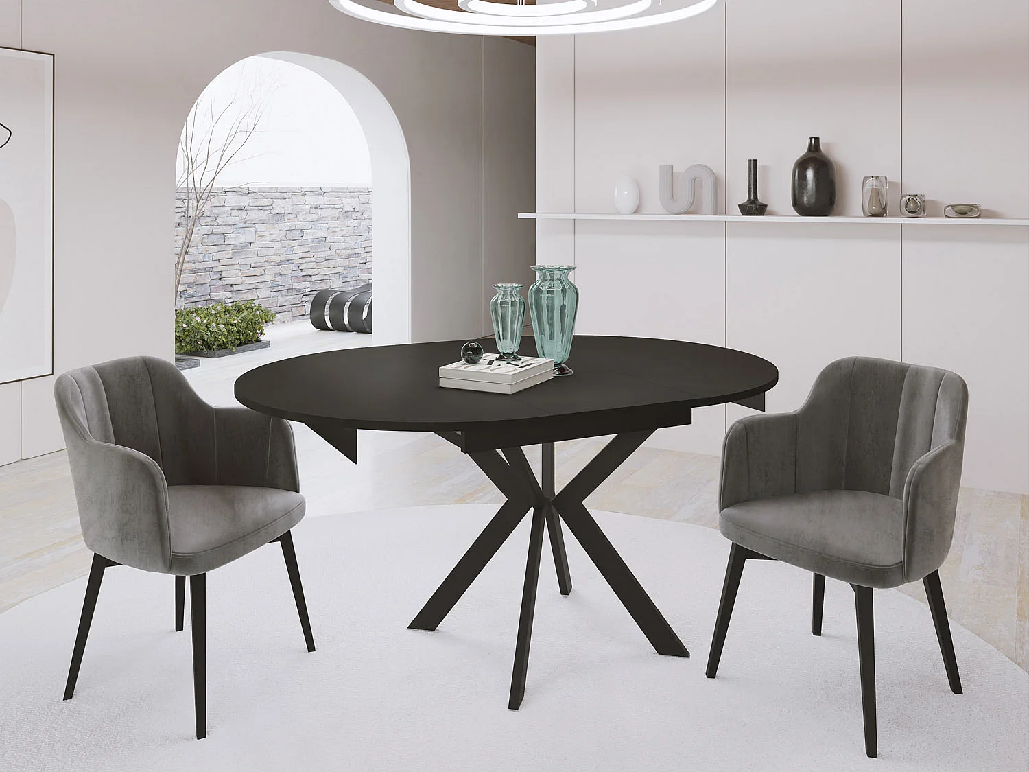 Runder Ausziehbarer Esstisch mit Schwarzen Metallbeinen - Aufbewahrung der Erweiterungsplatte im Inneren - Industrieller Tisch für Wohnzimmer - 100 cm - Schwarz