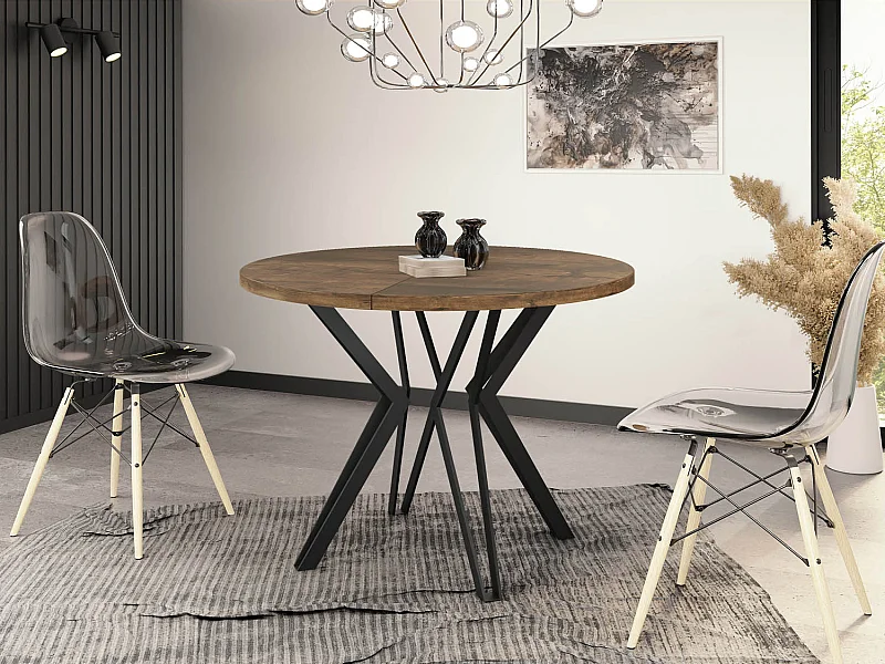 Table Ronde Salle à Manger - 100/176 cm de Diamètre - Table à Rallonges Avec Pieds en Métal Noir - Style Industriel - Compacte - Chêne Lefkas