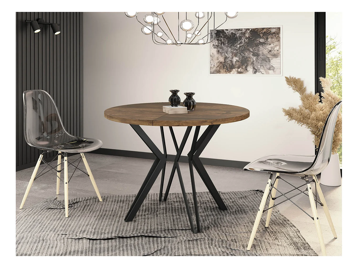 Runder Tisch für das Esszimmer - 100 oder 120 cm Durchmesser - Ausziehbarer Tisch mit Pulverbeschichteten Schwarzen Metallbeinen - 100 cm - Lefkas Eiche