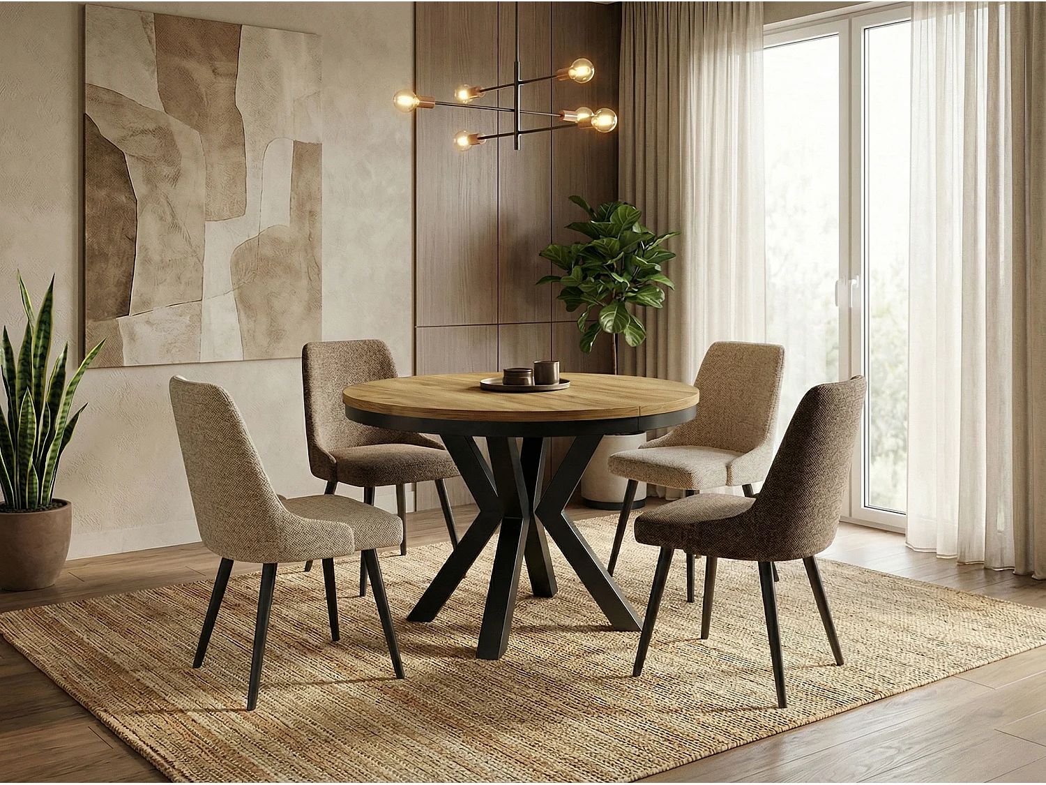 Runder Ausziehbarer Esstisch im Loft-Stil - Industrieller Tisch mit Schwarzen Metallbeinen - Platzsparender Tisch für Wohnzimmer - Craft Eiche - 100 bis 180 cm