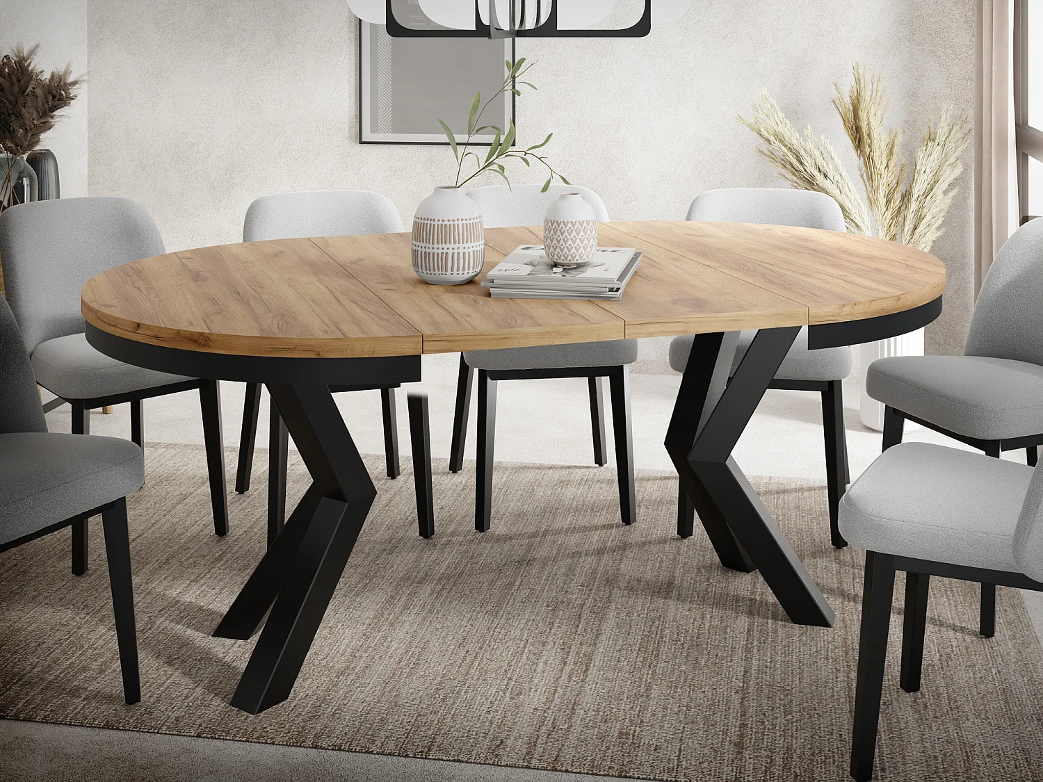 Runder Ausziehbarer Esstisch im Loft-Stil - Industrieller Tisch mit Schwarzen Metallbeinen - Platzsparender Tisch für Wohnzimmer - Craft Eiche - 100 bis 180 cm