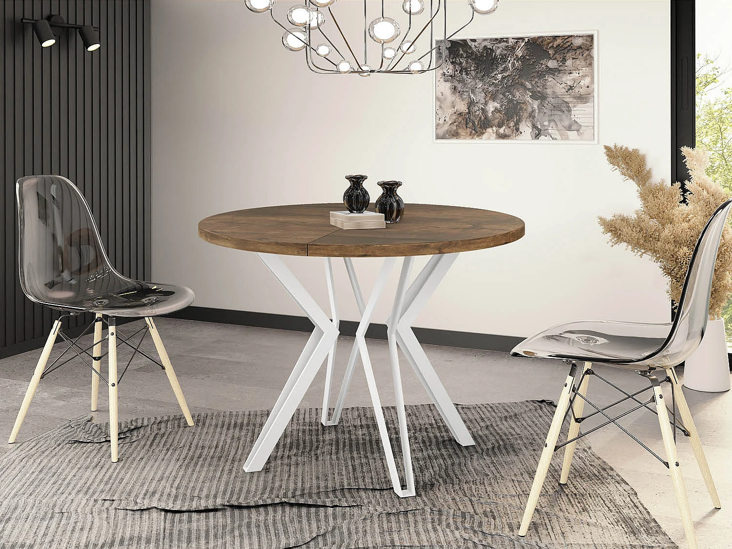 Runder Tisch für das Esszimmer - 100 oder 120 cm Durchmesser - Ausziehbarer Tisch mit Pulverbeschichteten Weißen Metallbeinen - 120 cm - Lefkas Eiche